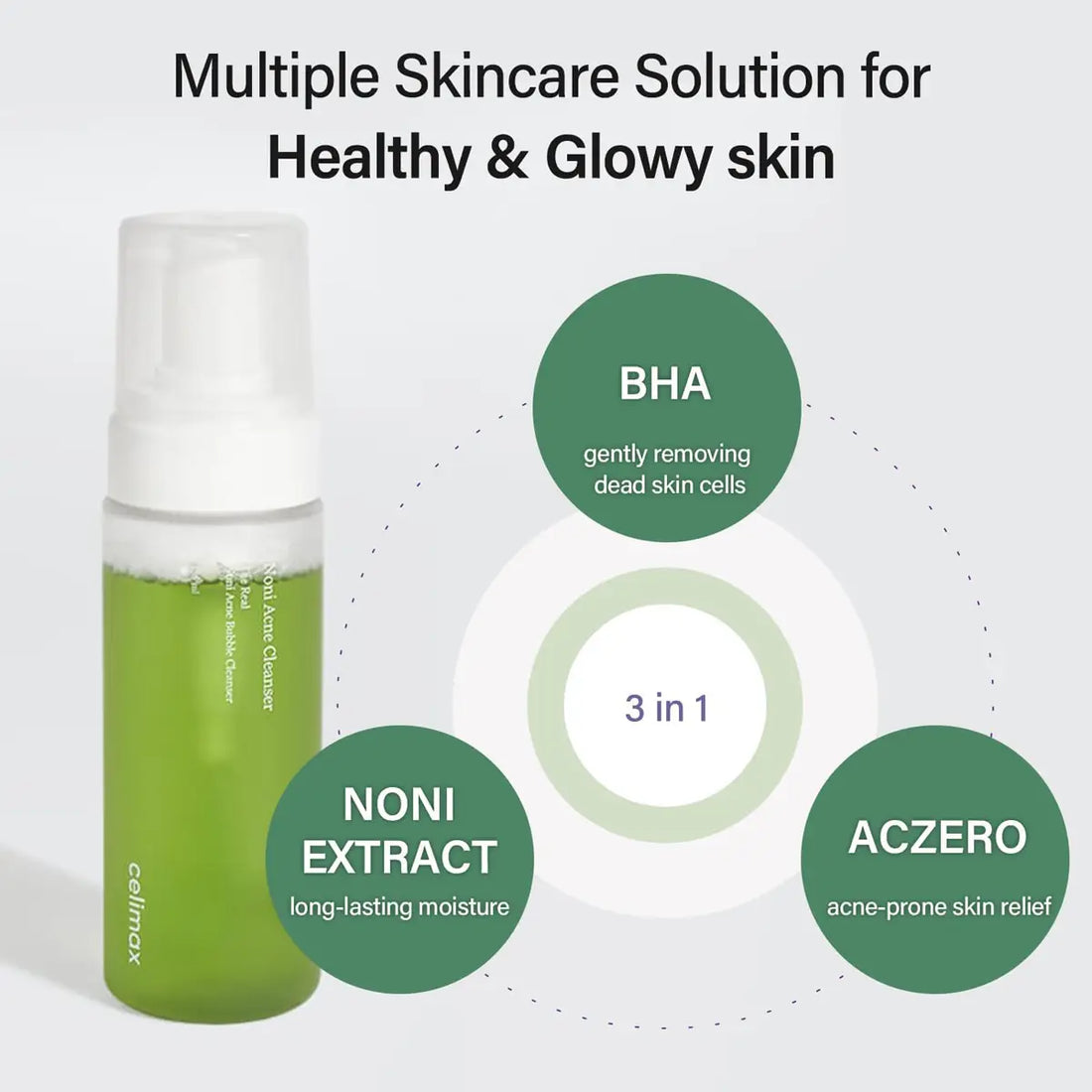 Skincare product with green and white design, featuring text about skincare benefits on a light gray background.
