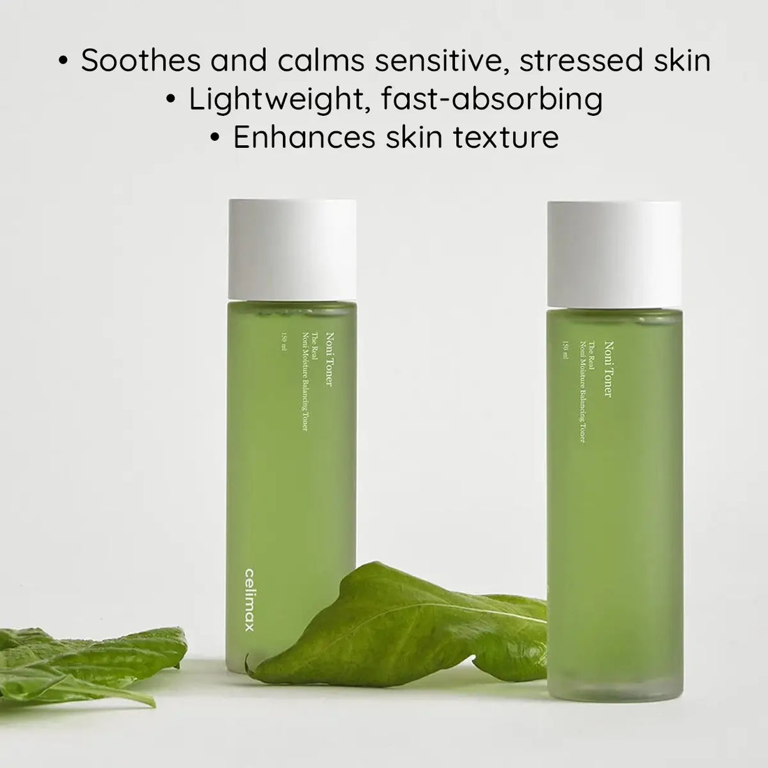 Two Celimax The Real Noni Moisture Balancing Toner bottles with leaves on a white background