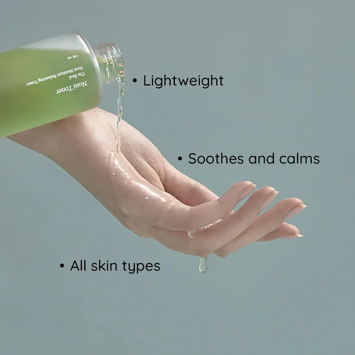 Hand pouring a green liquid into another hand with text indicating properties of the product on a light blue background.