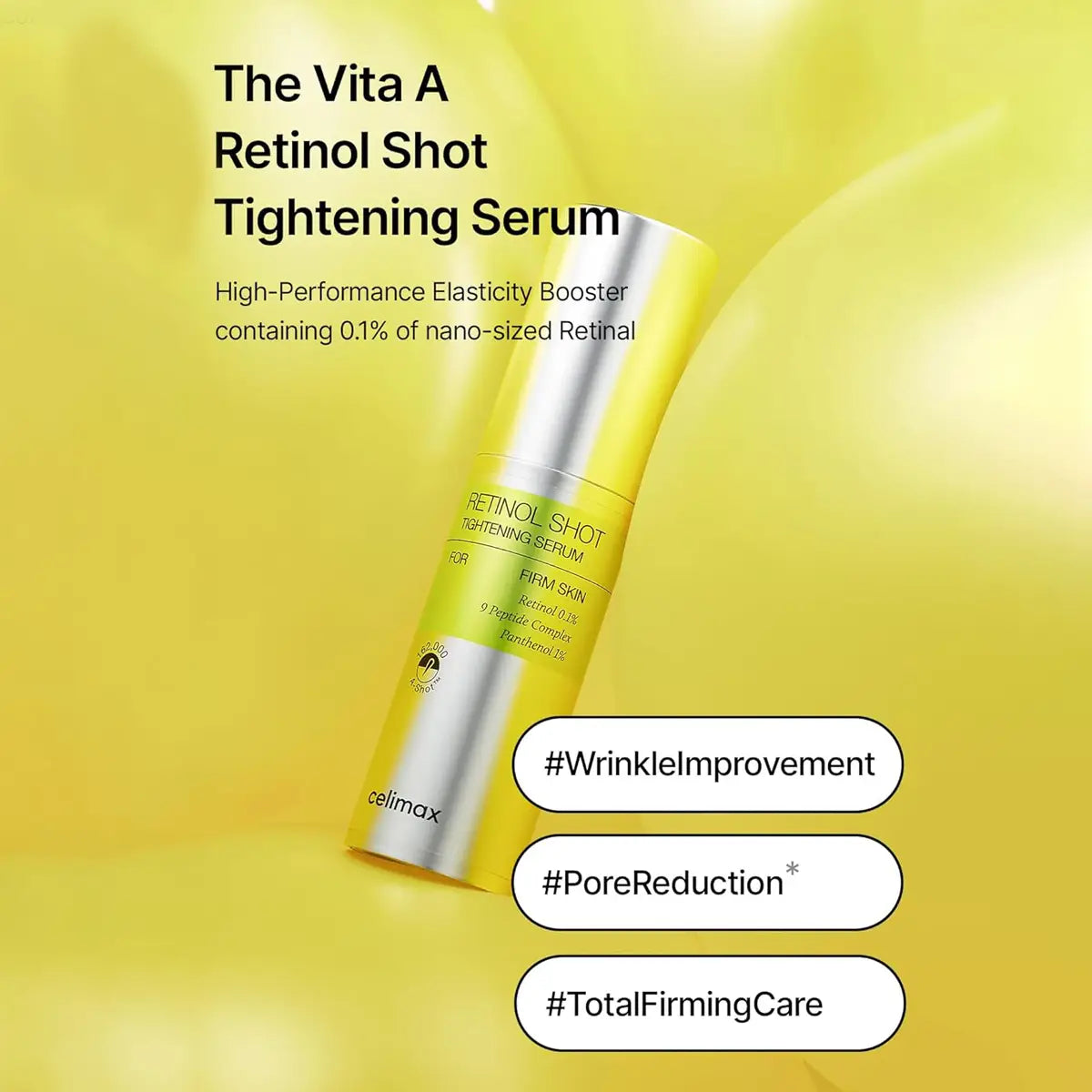Vita A Retinol Shot Tightening Serum bottle on a yellow background with text highlighting benefits.