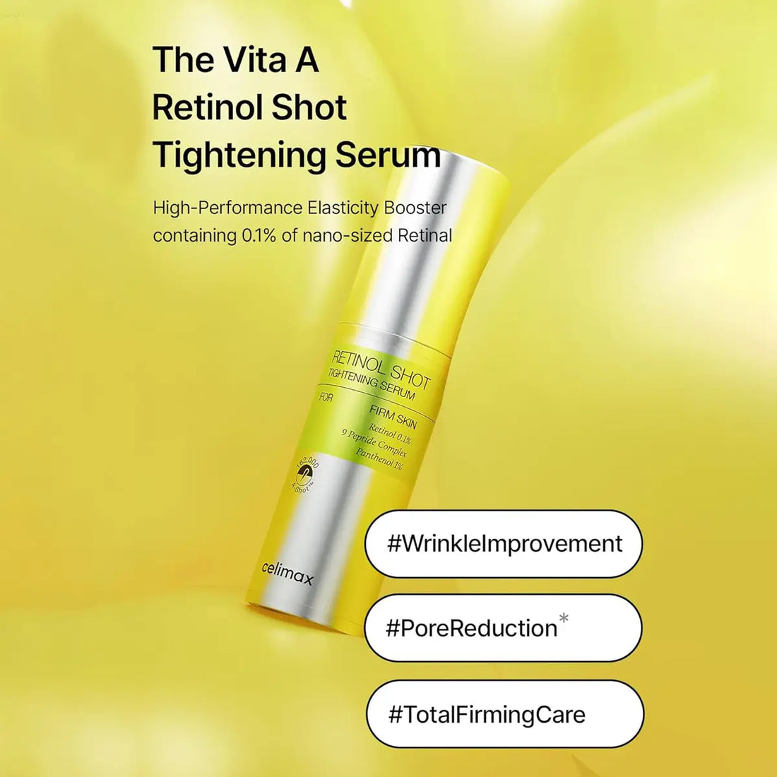 Vita A Retinol Shot Tightening Serum bottle on a yellow background with text highlighting benefits.