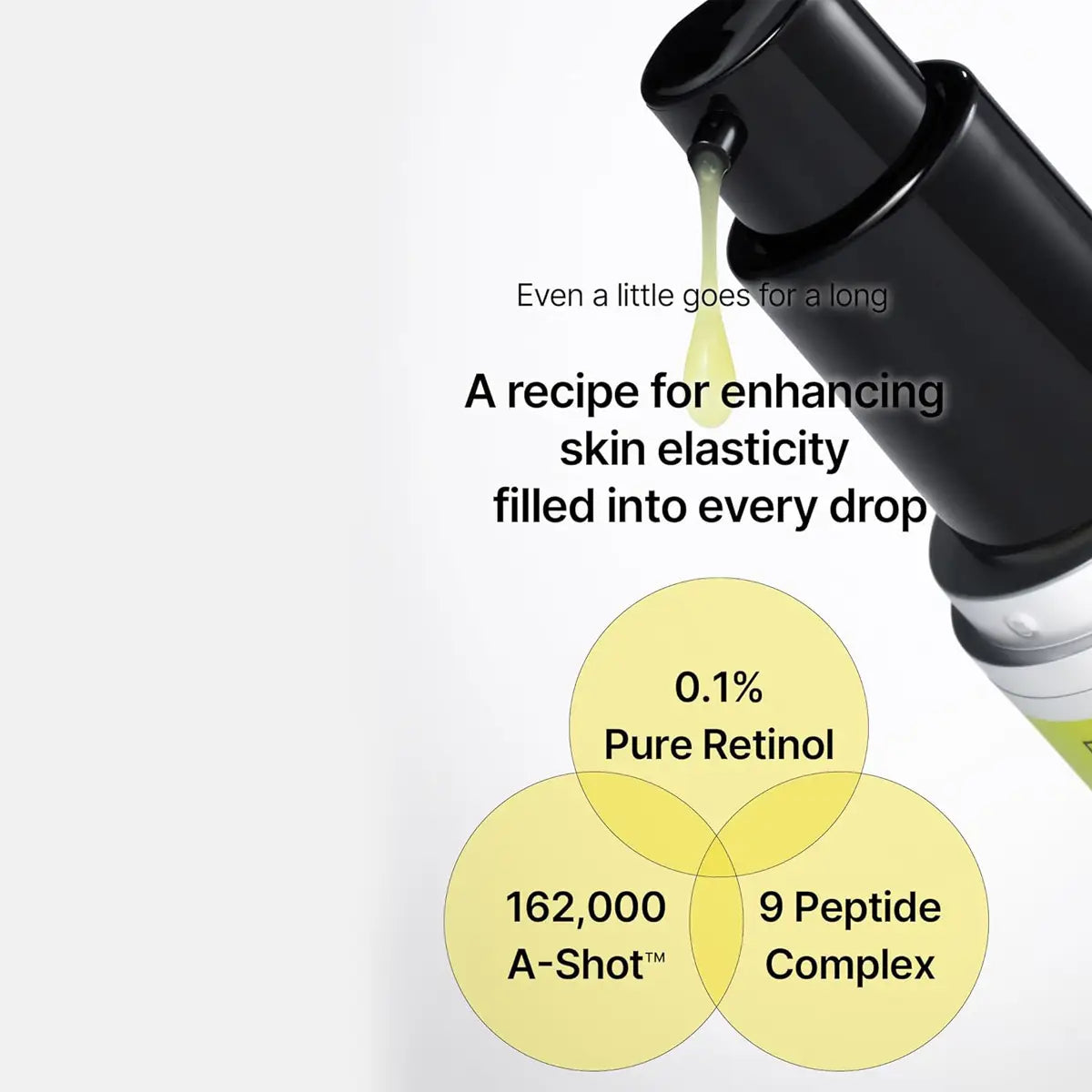 Skincare serum bottle with text about skin elasticity and ingredients on a white background
