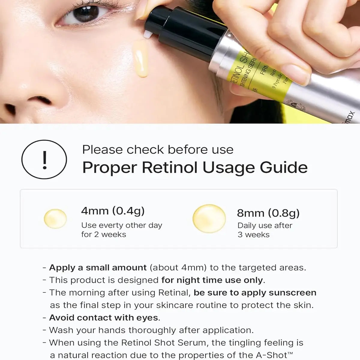 Person applying skincare product with usage guide text overlay