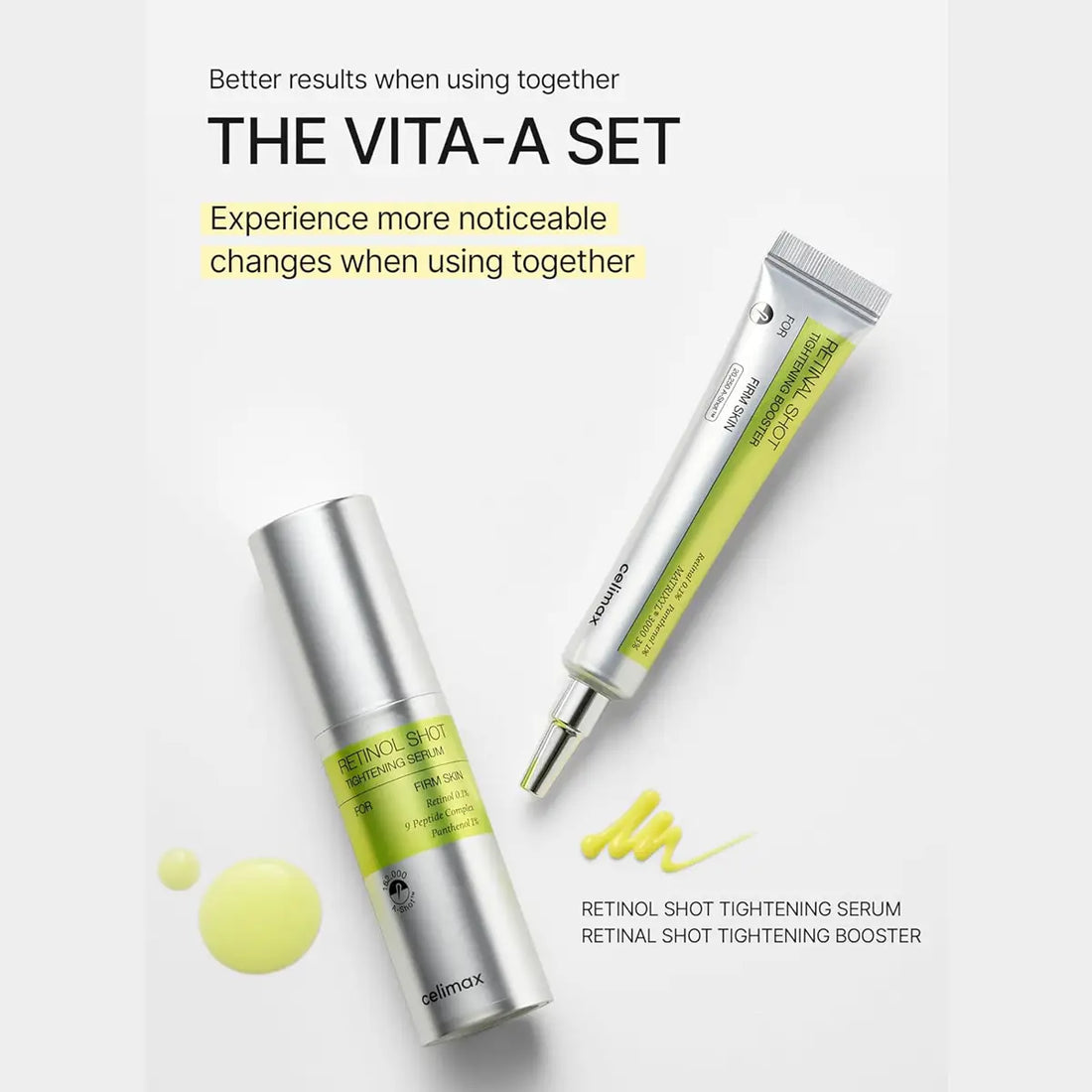 Two skincare products, a serum and a booster, with text about their benefits on a light gray background.