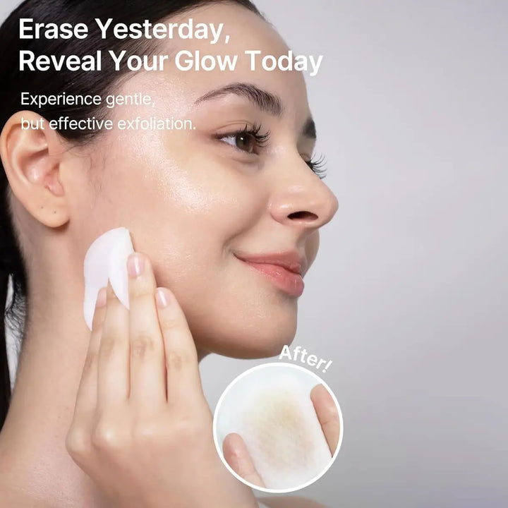 Woman using a skincare product with text 'Erase Yesterday, Reveal Your Glow Today' on a gray background.