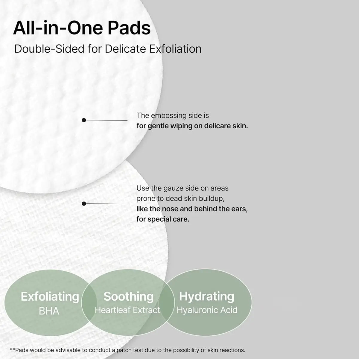 All-in-One Pads with exfoliating, soothing, and hydrating properties on a gray background.