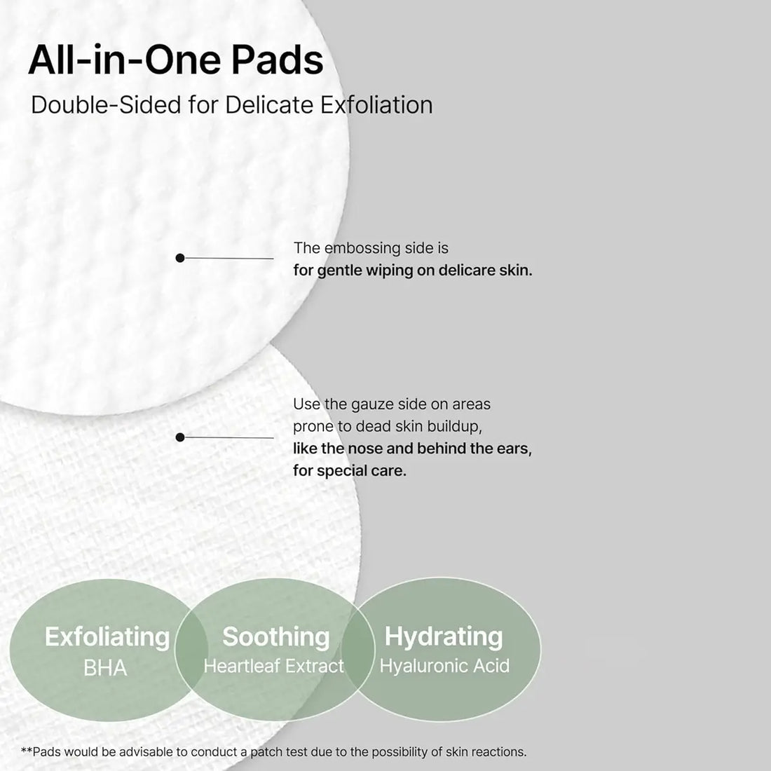 All-in-One Pads with exfoliating, soothing, and hydrating properties on a gray background.