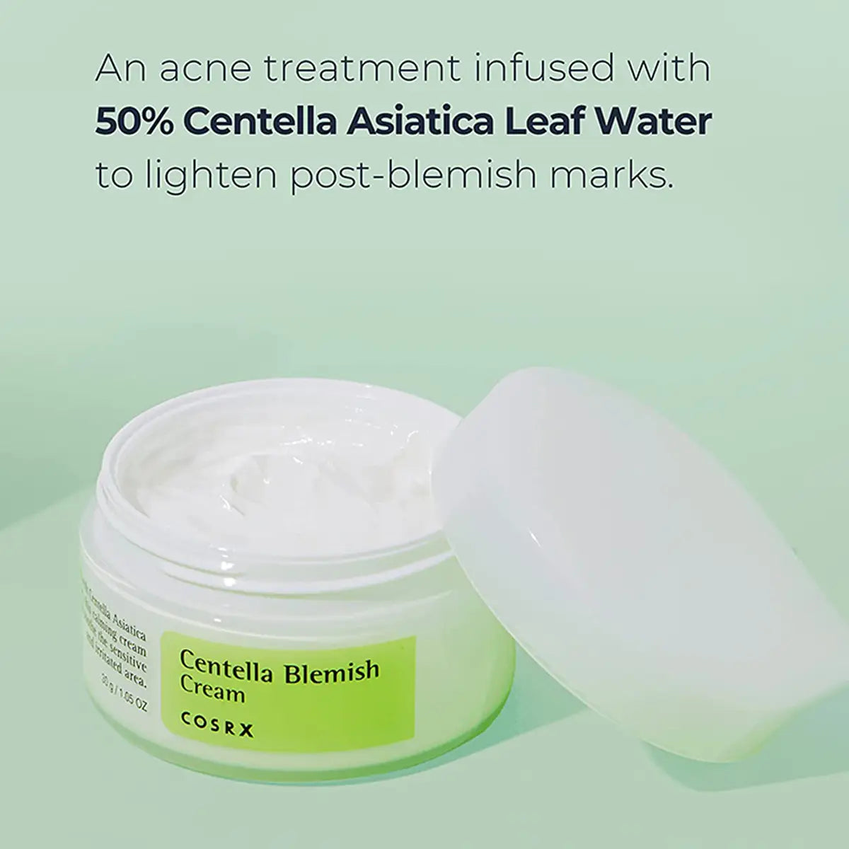 Cosrx Centella Blemish Cream jar with text on a green background