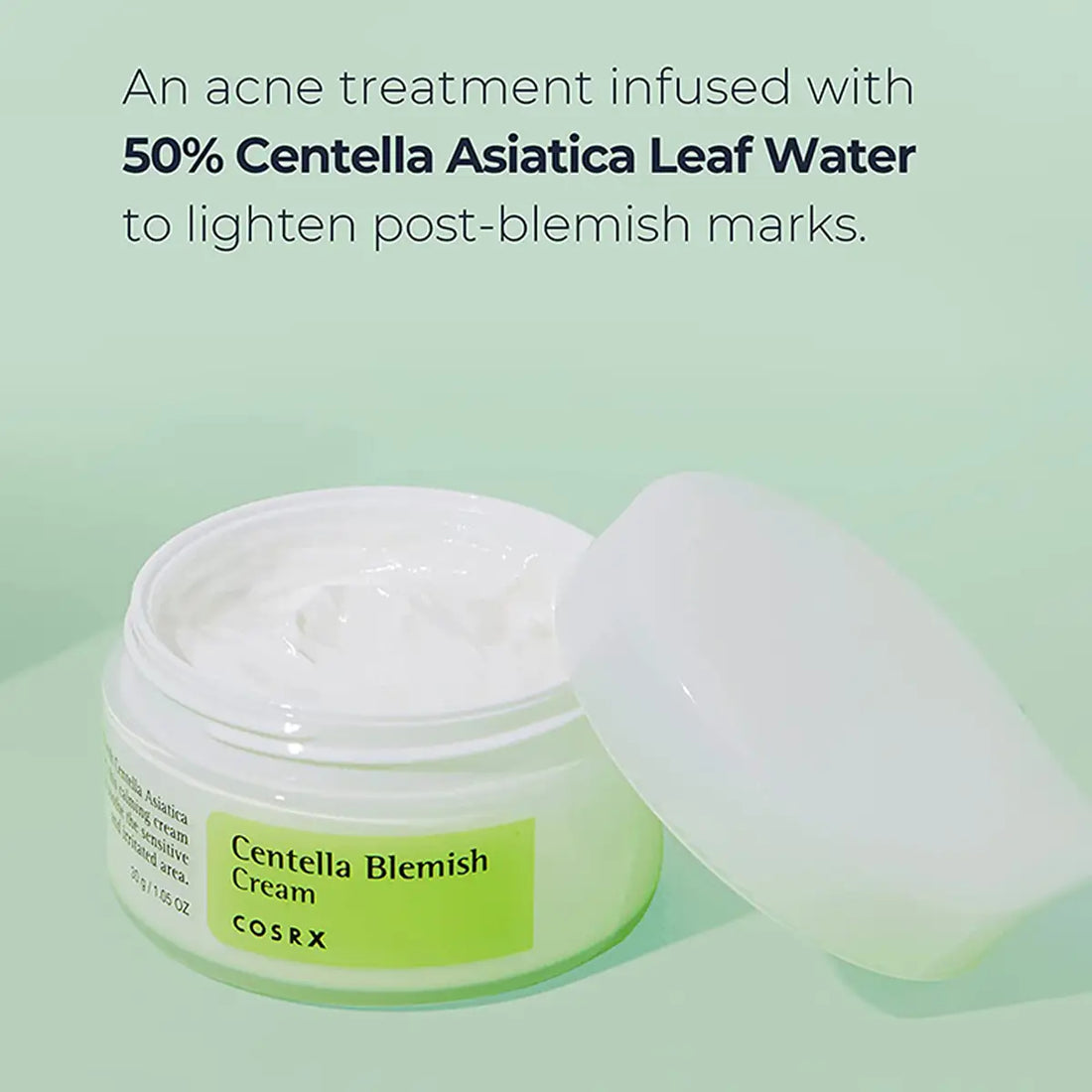 Cosrx Centella Blemish Cream jar with text on a green background