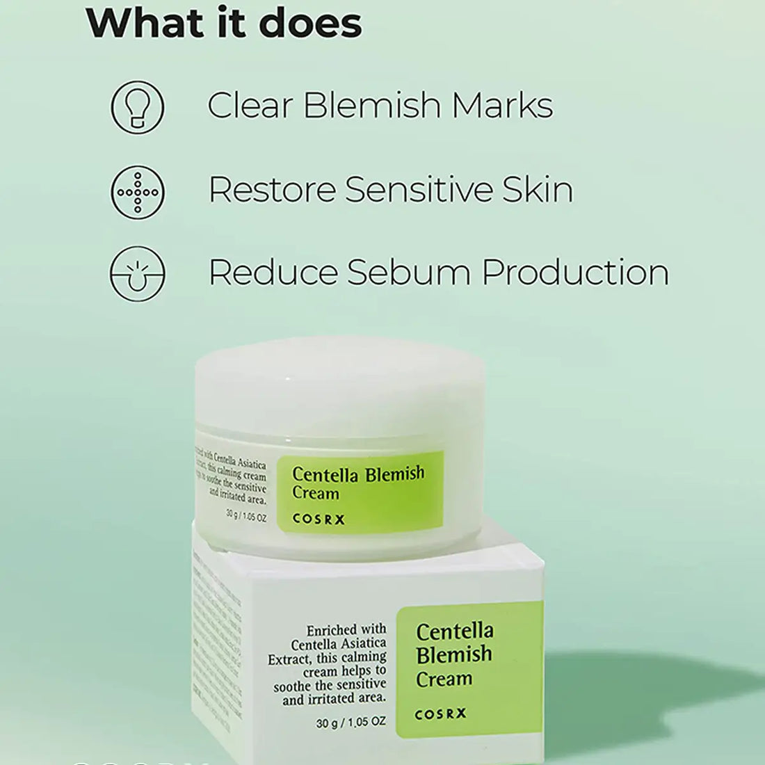 Cosrx Centella Blemish Cream jar and box on a light green background with text about product benefits.