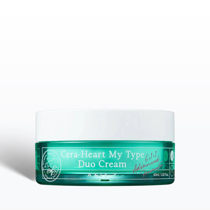 Green jar of Cera-Heart My Type Duo Cream on a white background