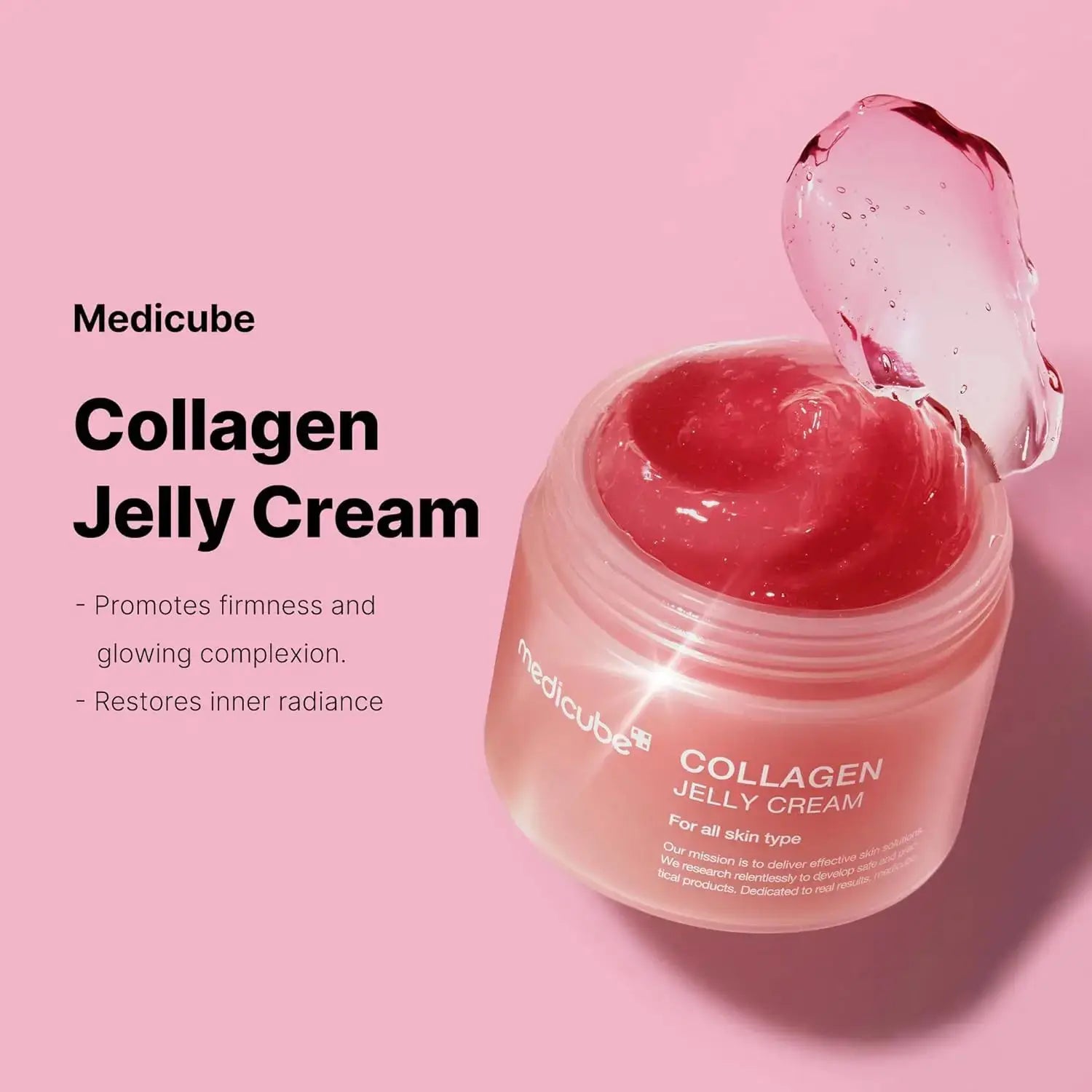 Medicube Collagen Jelly Cream in a clear jar on a pink background, promoting skin elasticity and hydration.