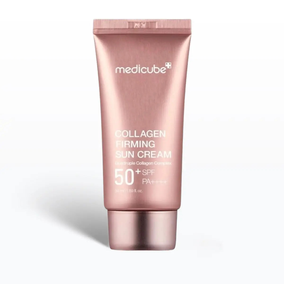 Pink tube of Medicube Collagen Firming Sun Cream on a white background