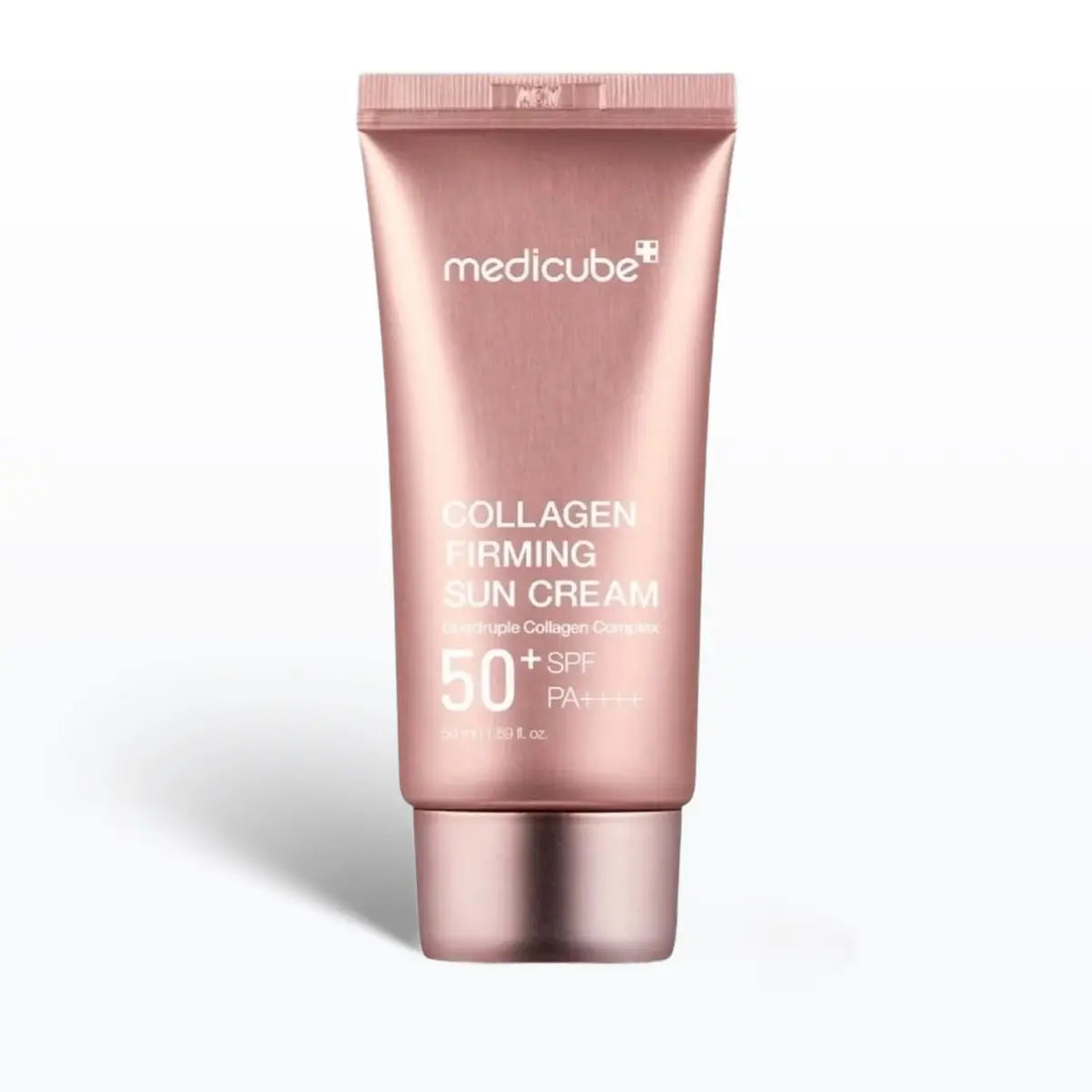 Pink tube of Medicube Collagen Firming Sun Cream on a white background