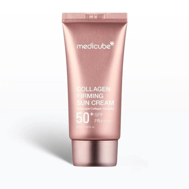 Pink tube of Medicube Collagen Firming Sun Cream on a white background