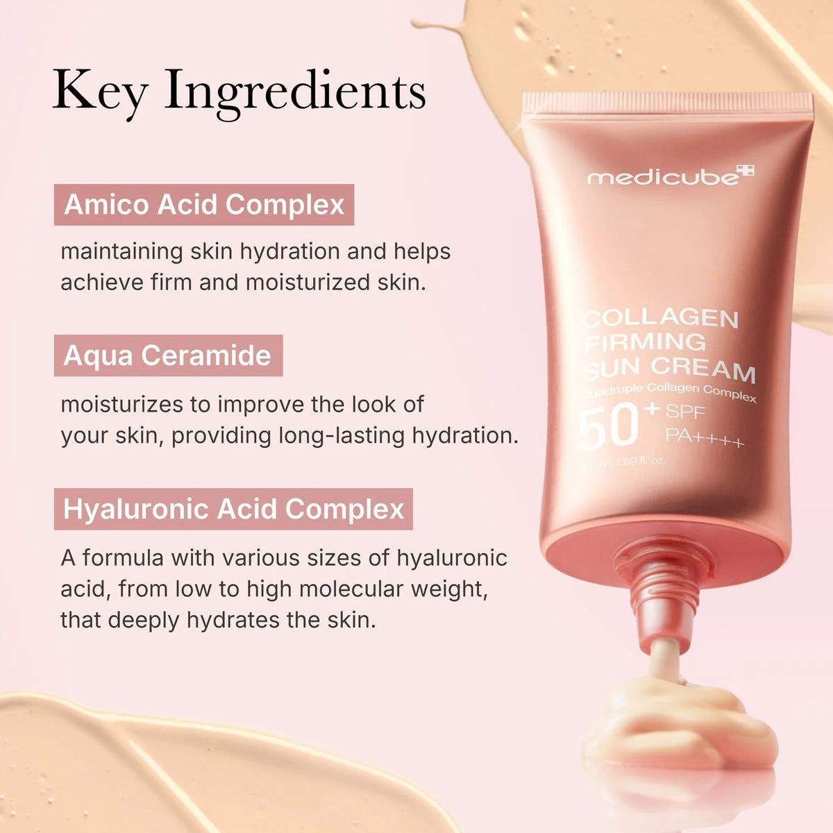 Collagen Firming Sun Cream tube with key ingredients listed on a pink background