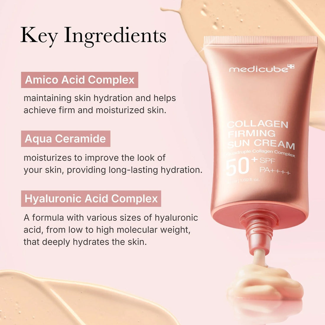 Collagen Firming Sun Cream tube with key ingredients listed on a pink background