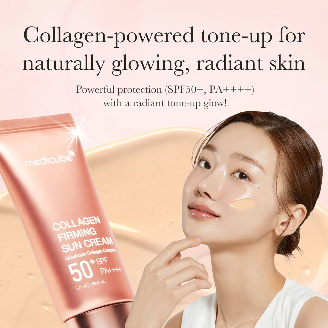 Collagen-powered sun cream with a model applying it on her face, set against a pink background.