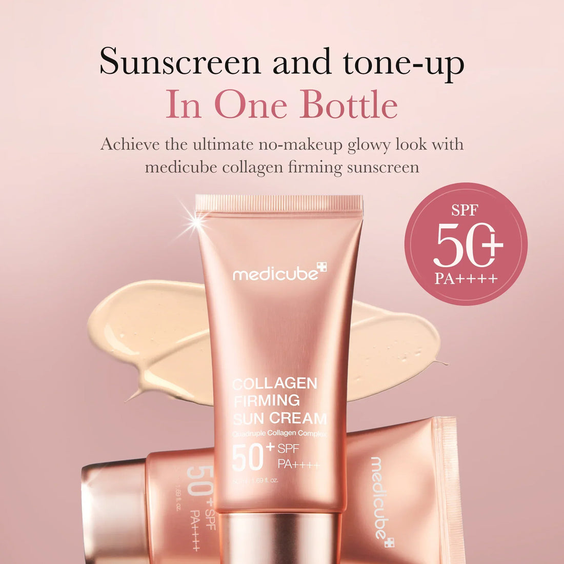 Medicube collagen firming sunscreen bottle with pink background and text about SPF 50+ PA++++