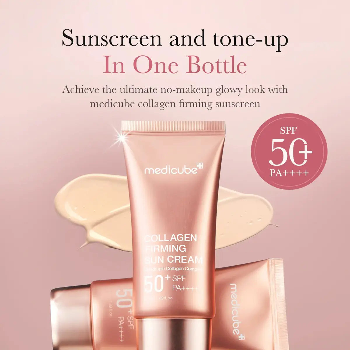 Medicube collagen firming sunscreen tube with SPF 50+ on a pink background