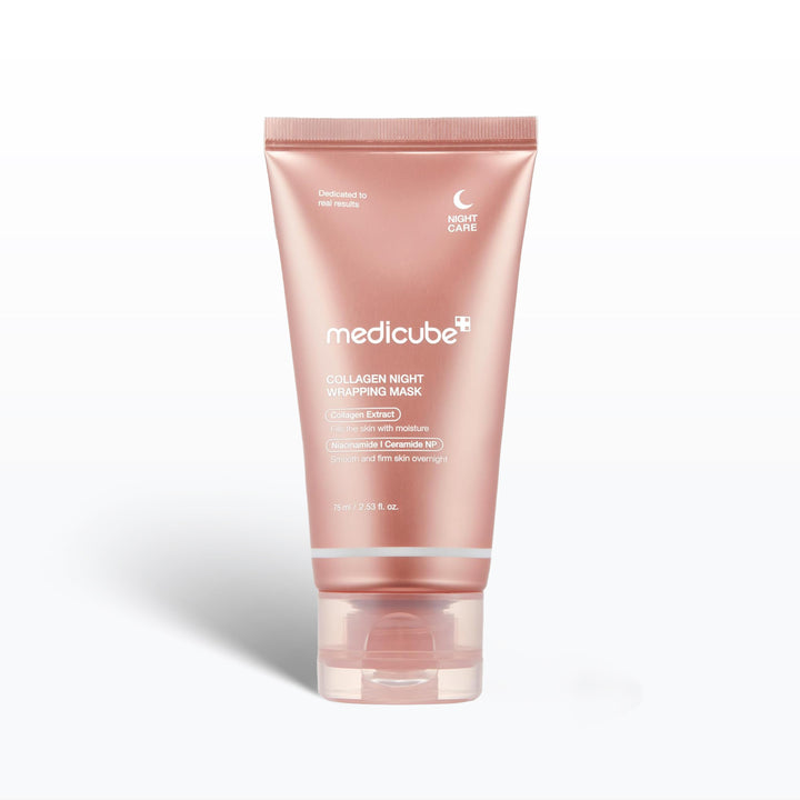 Pink tube of Medicube collagen night wrapping mask on a white background