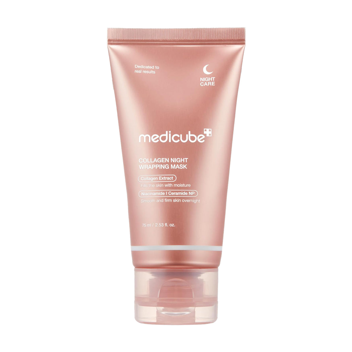 Pink tube of Medicube Collagen Night Wrapping Mask on a white background