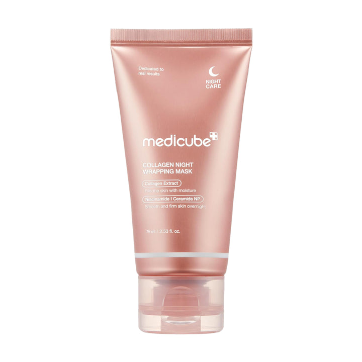 Pink tube of Medicube Collagen Night Wrapping Mask on a white background
