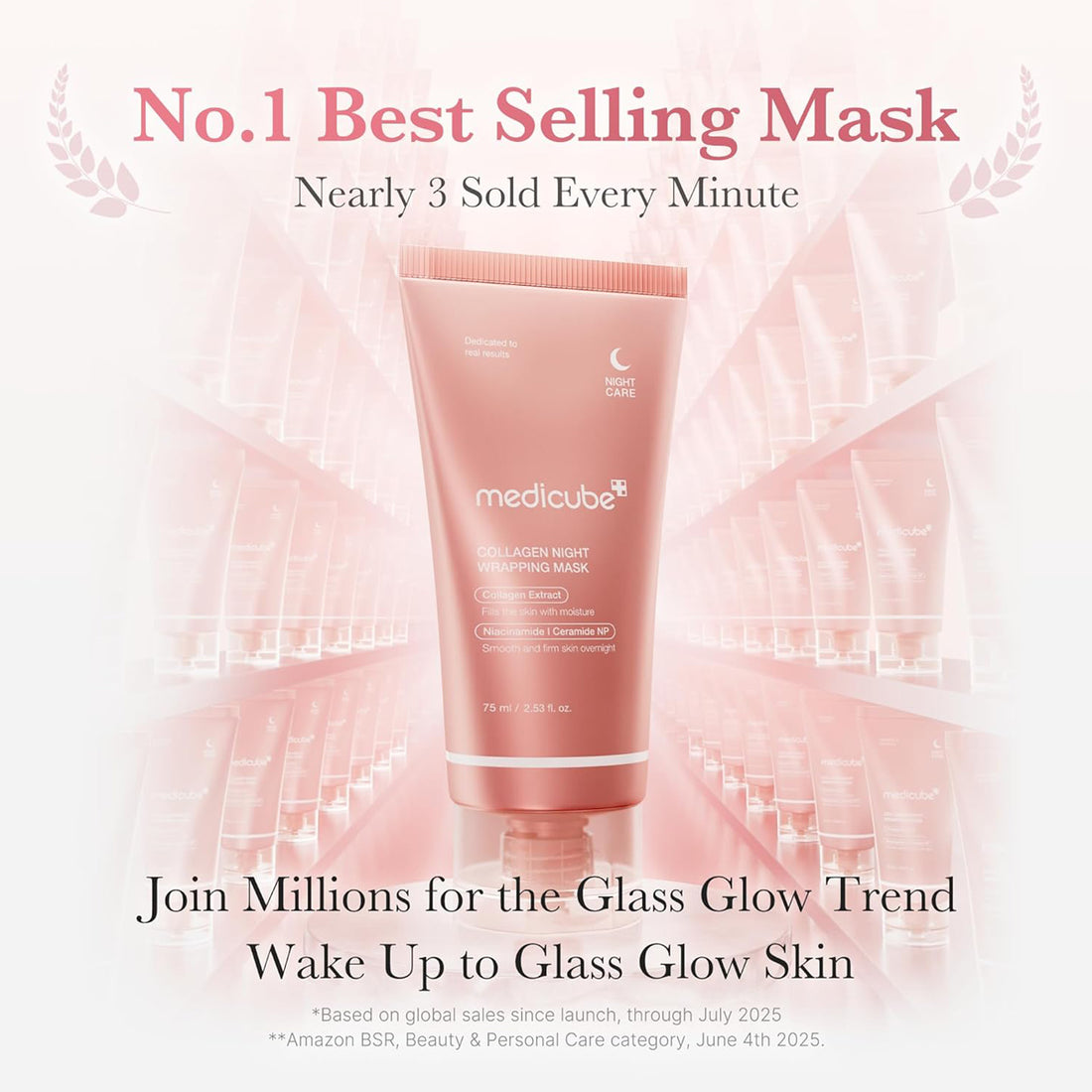 Medicube mask tube with promotional text on a pink background