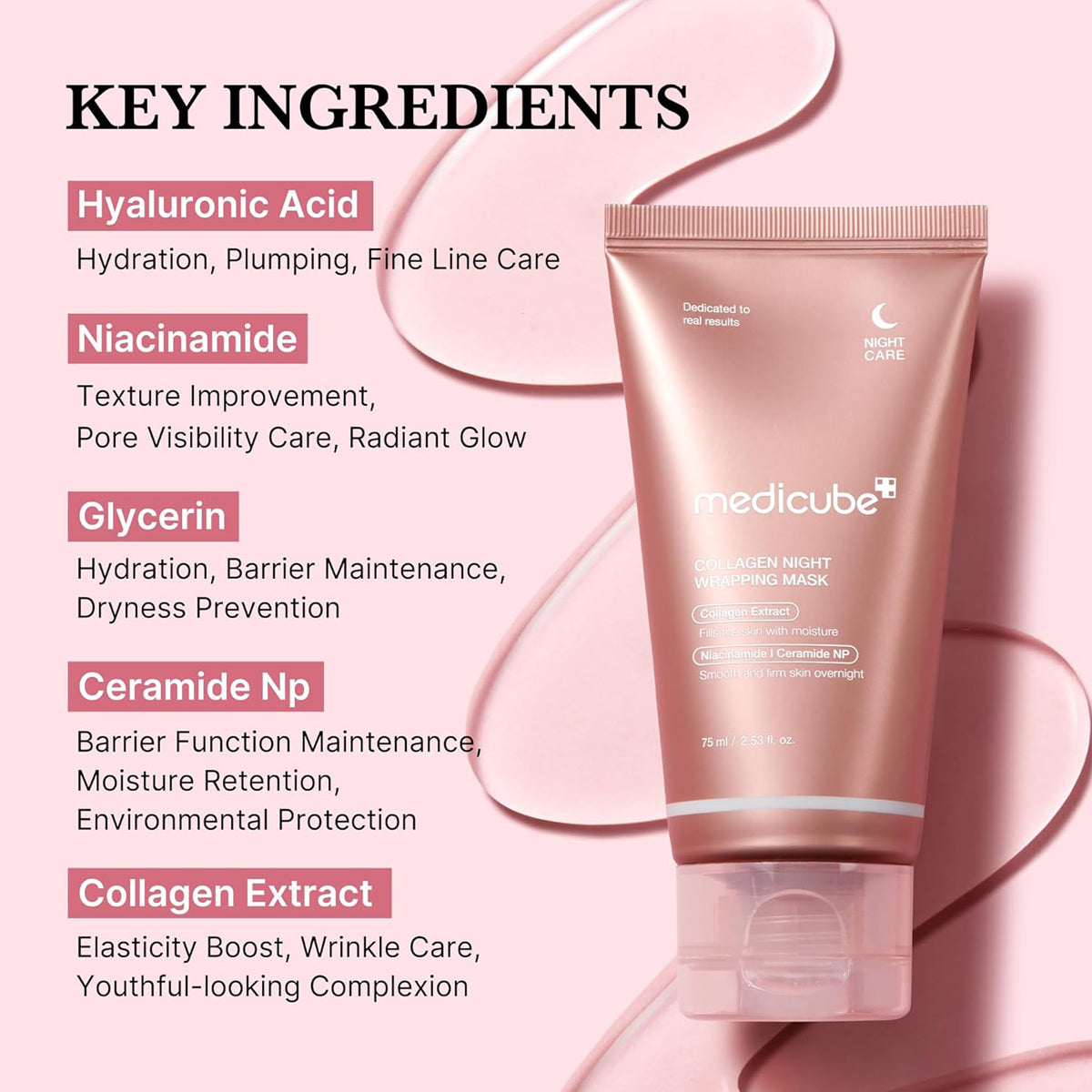 Skincare product with key ingredients listed on a pink background