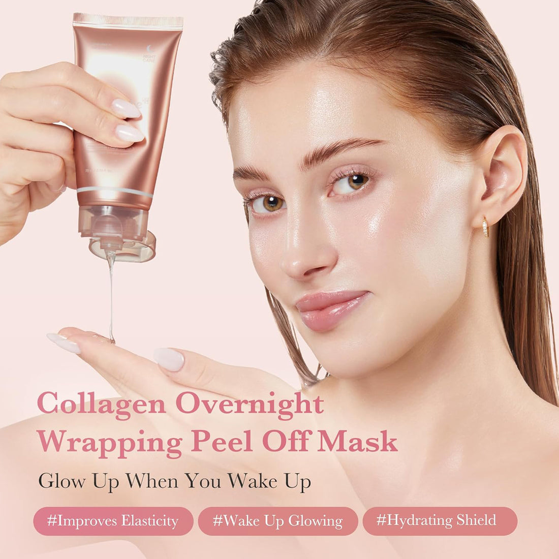 Woman applying a collagen overnight wrapping peel off mask with product packaging on a pink background.