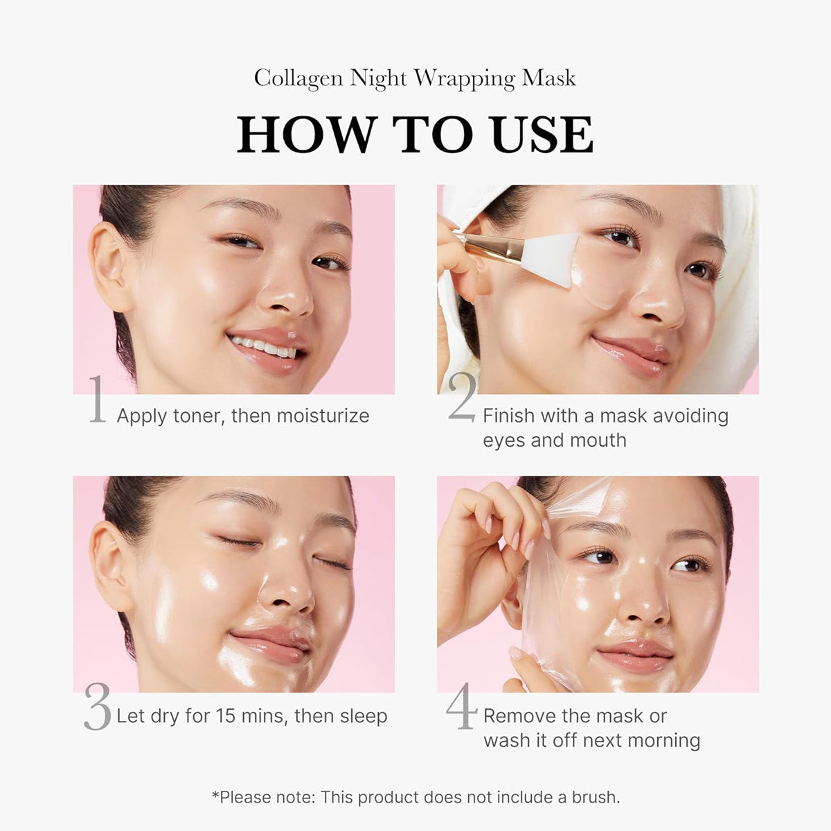 Instructions on how to use a collagen night wrapping mask with a woman applying it.