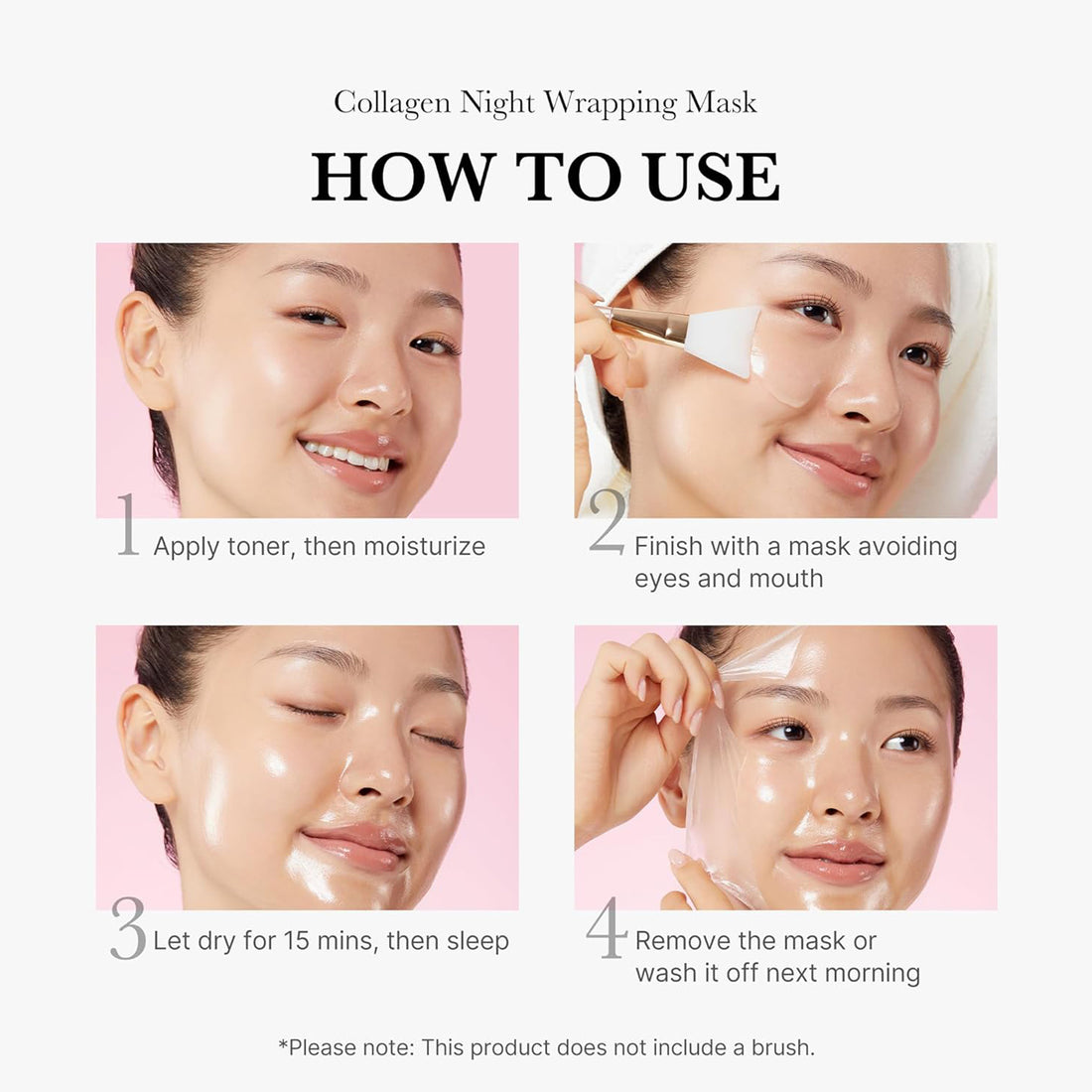 Instructions on how to use a collagen night wrapping mask with a woman applying it.