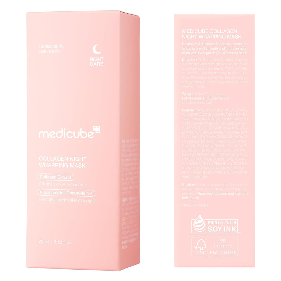 Pink packaging of Medicube Collagen Night Wrapping Mask on a white background