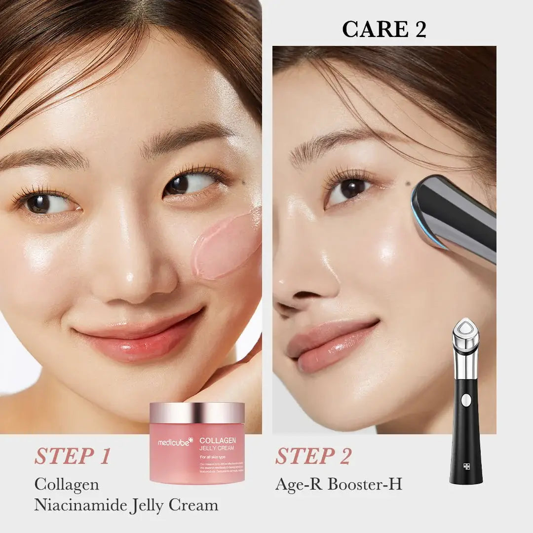 Medicube Collagen Jelly Cream applied to a woman's face demonstrating skincare steps.