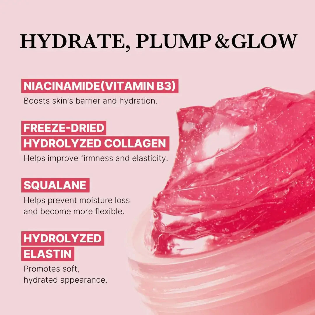 Medicube Collagen Jelly Cream highlights niacinamide, collagen, squalane, and elastin benefits for hydration and glow.