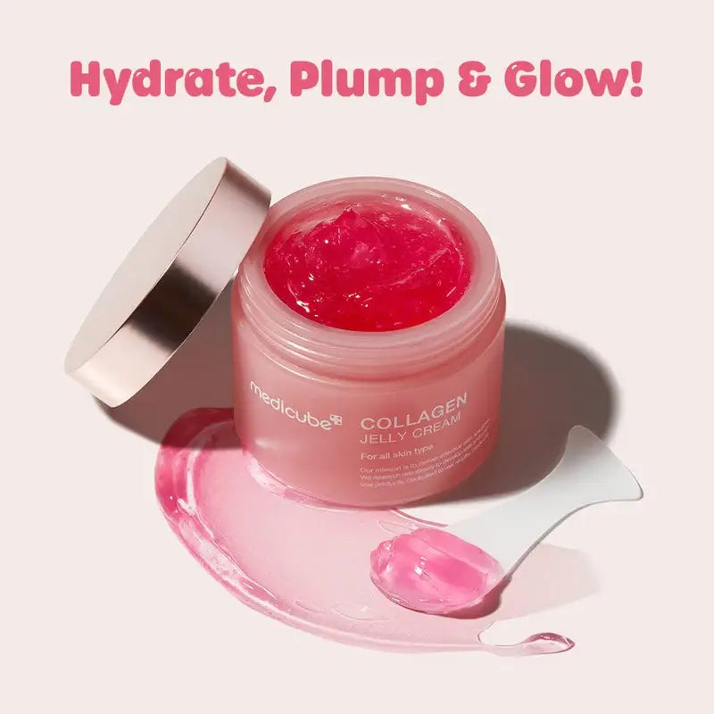 Medicube Collagen Jelly Cream in a jar, showcasing its jelly texture with a spatula and gel application.