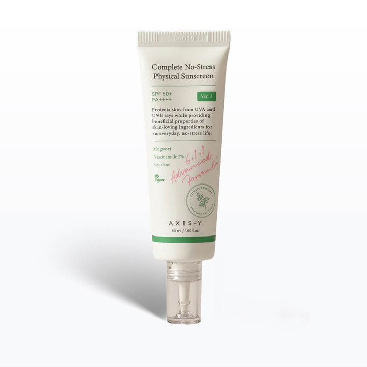 Tube of Axis-Y Complete No-Stress Physical Sunscreen on a white background