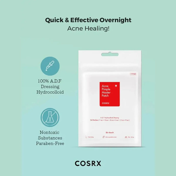 COSRX acne patch packaging on a light green background with text highlighting benefits.