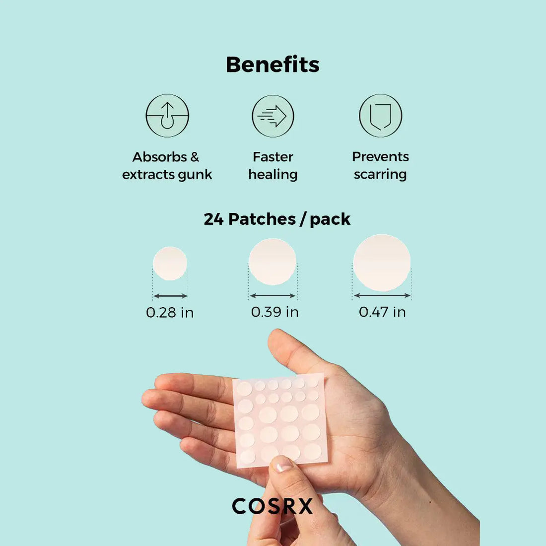 COSRX patch packaging with benefits listed on a light blue background