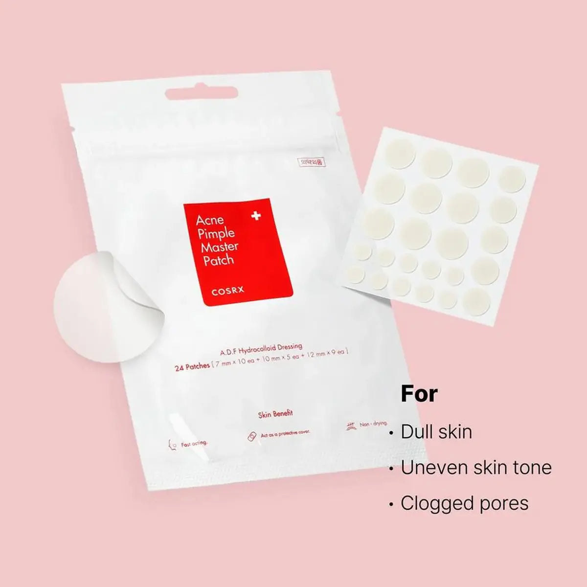 Cosrx Acne Pimple Master Patch packaging with patches on a pink background