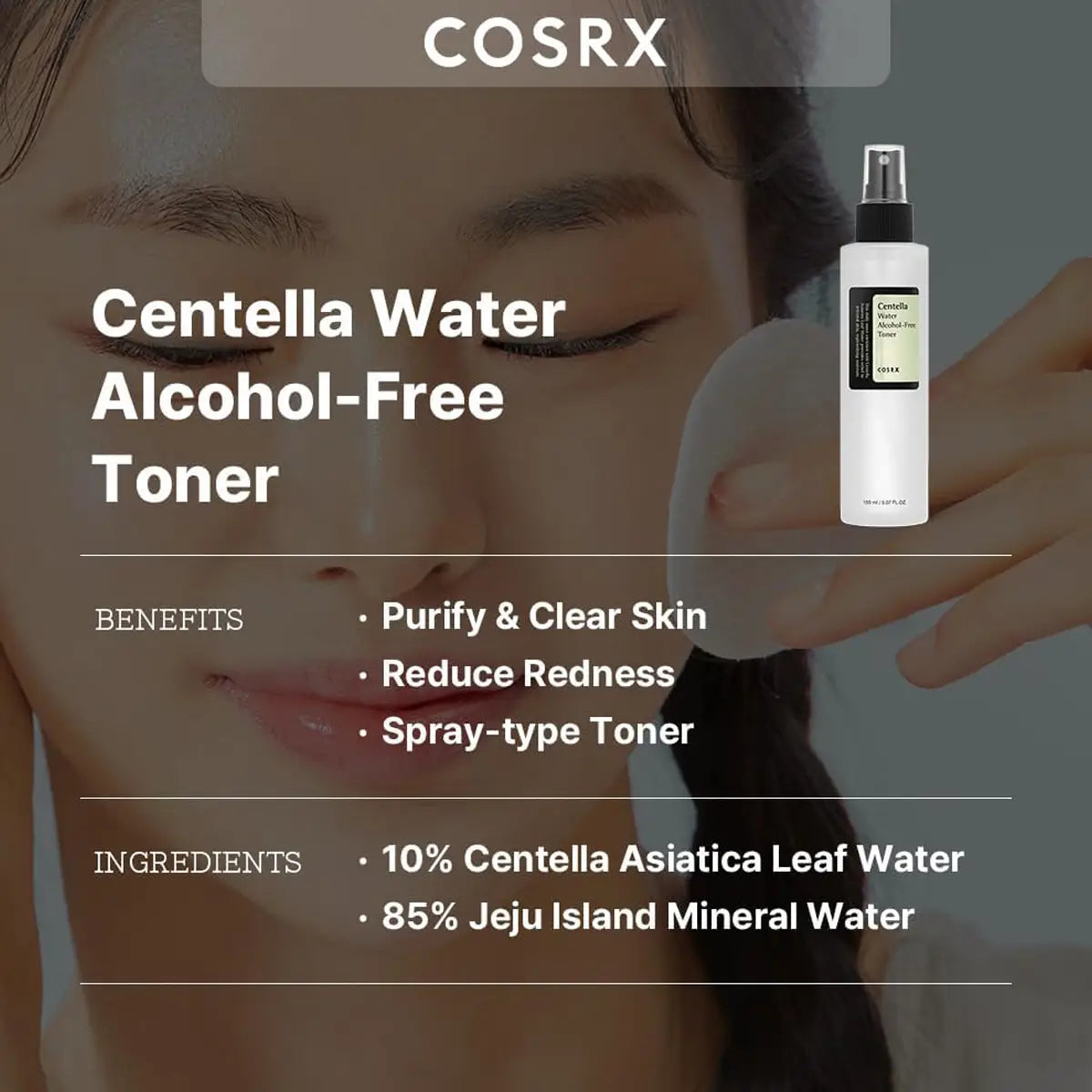COSRX Centella Water Alcohol-Free Toner with product and benefits displayed.