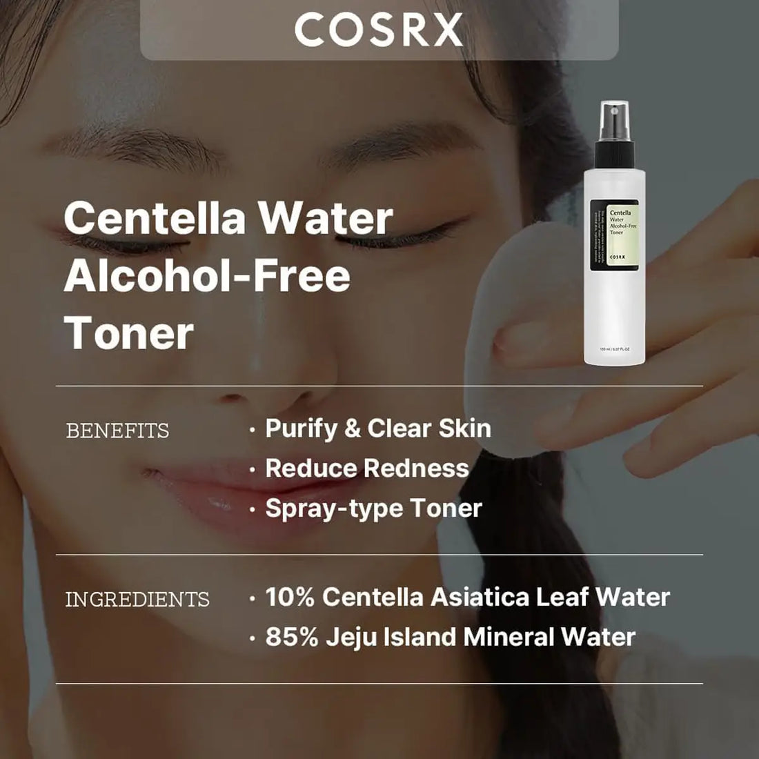 COSRX Centella Water Alcohol-Free Toner with product and benefits displayed.