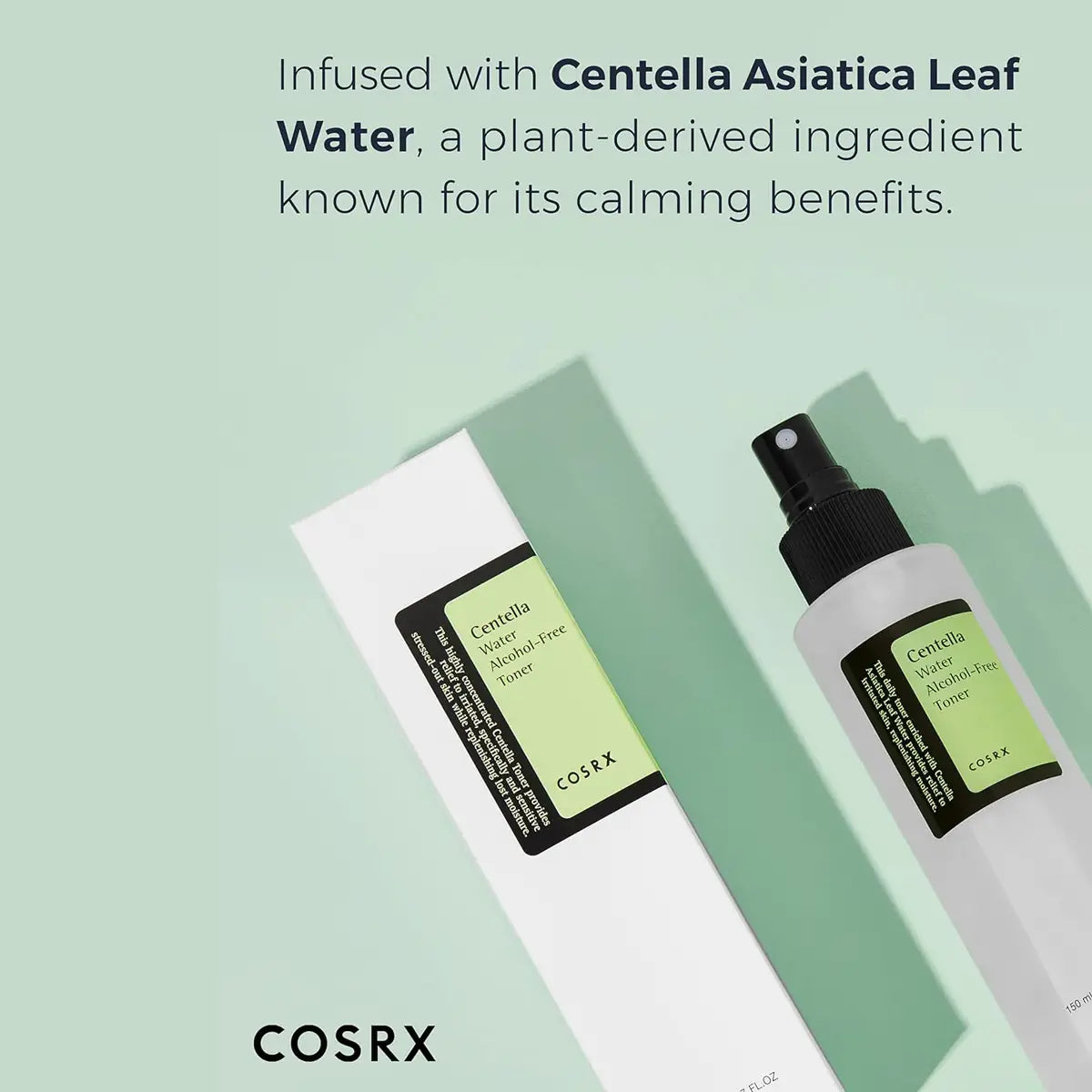 COSRX skincare product with Centella Asiatica Leaf Water on a light green background