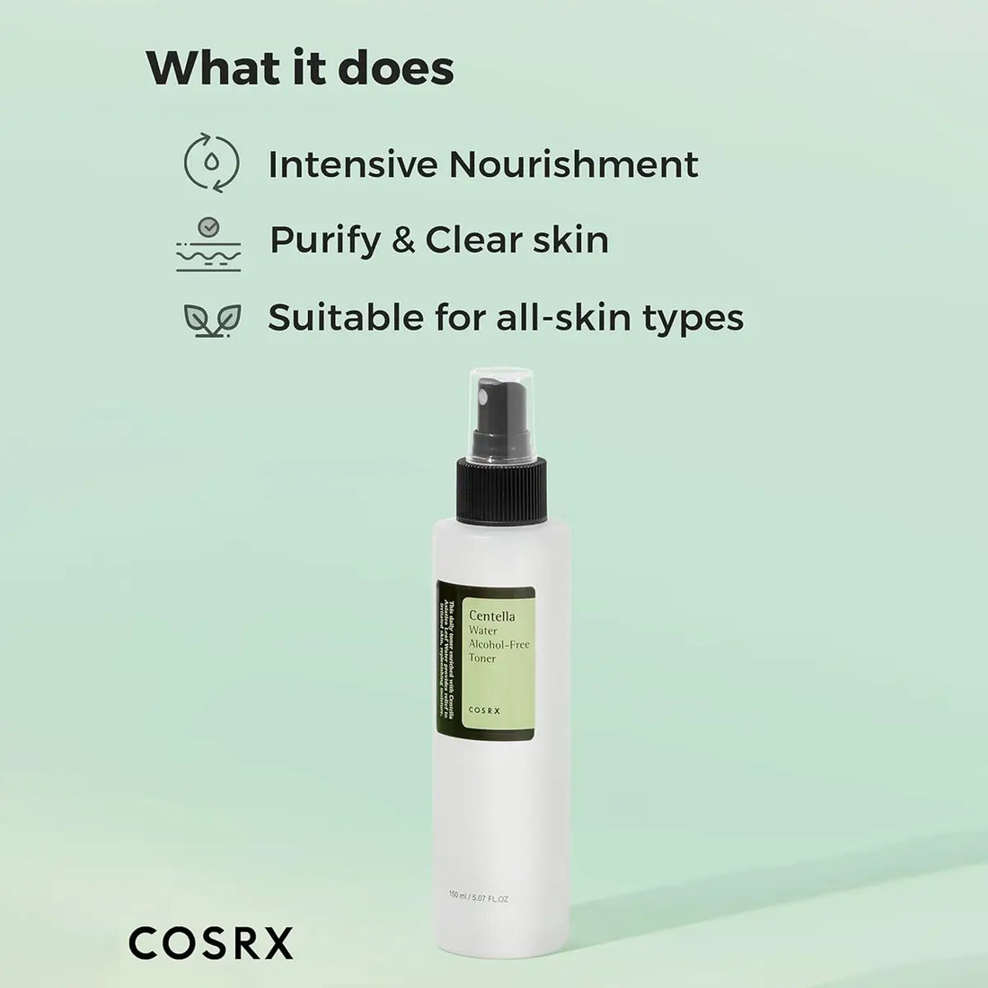 COSRX skincare product with features on a light green background