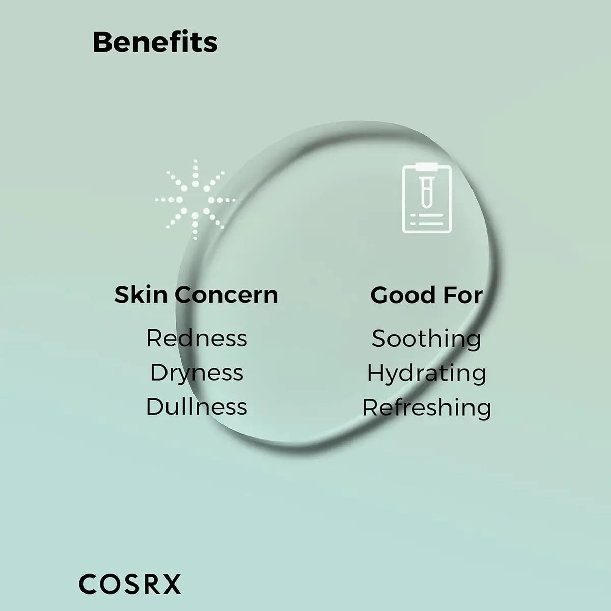Cosrx product benefits on a light green background