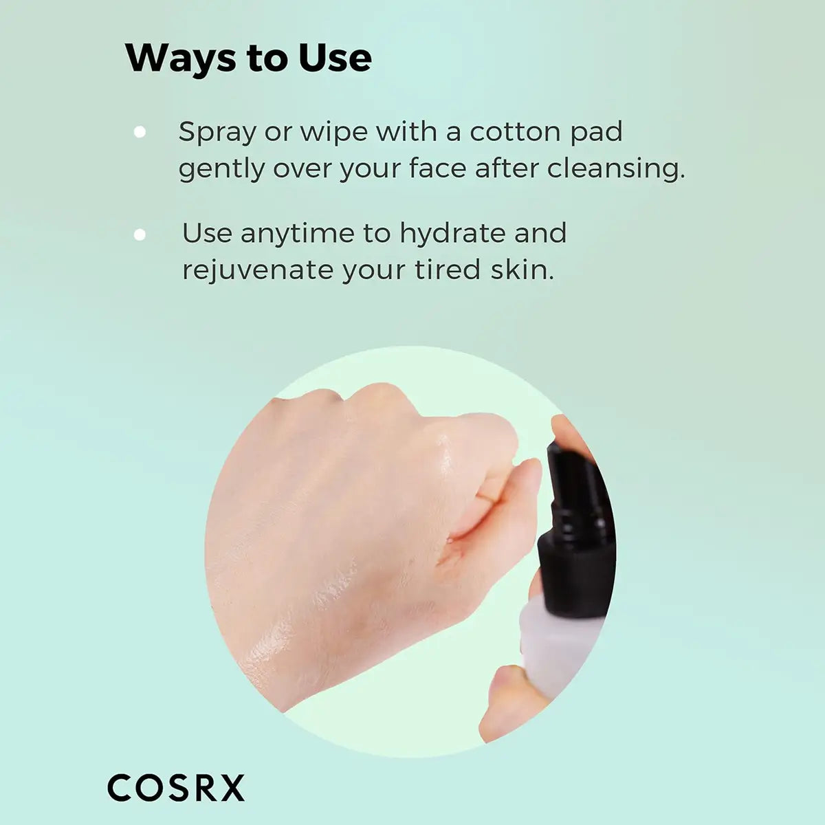 Cosrx product usage instructions on a light green background