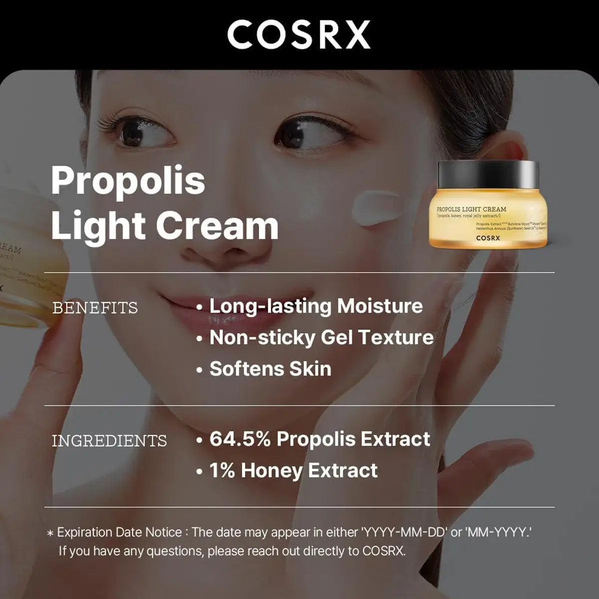 COSRX Propolis Light Cream advertisement with a woman applying cream and product packaging.