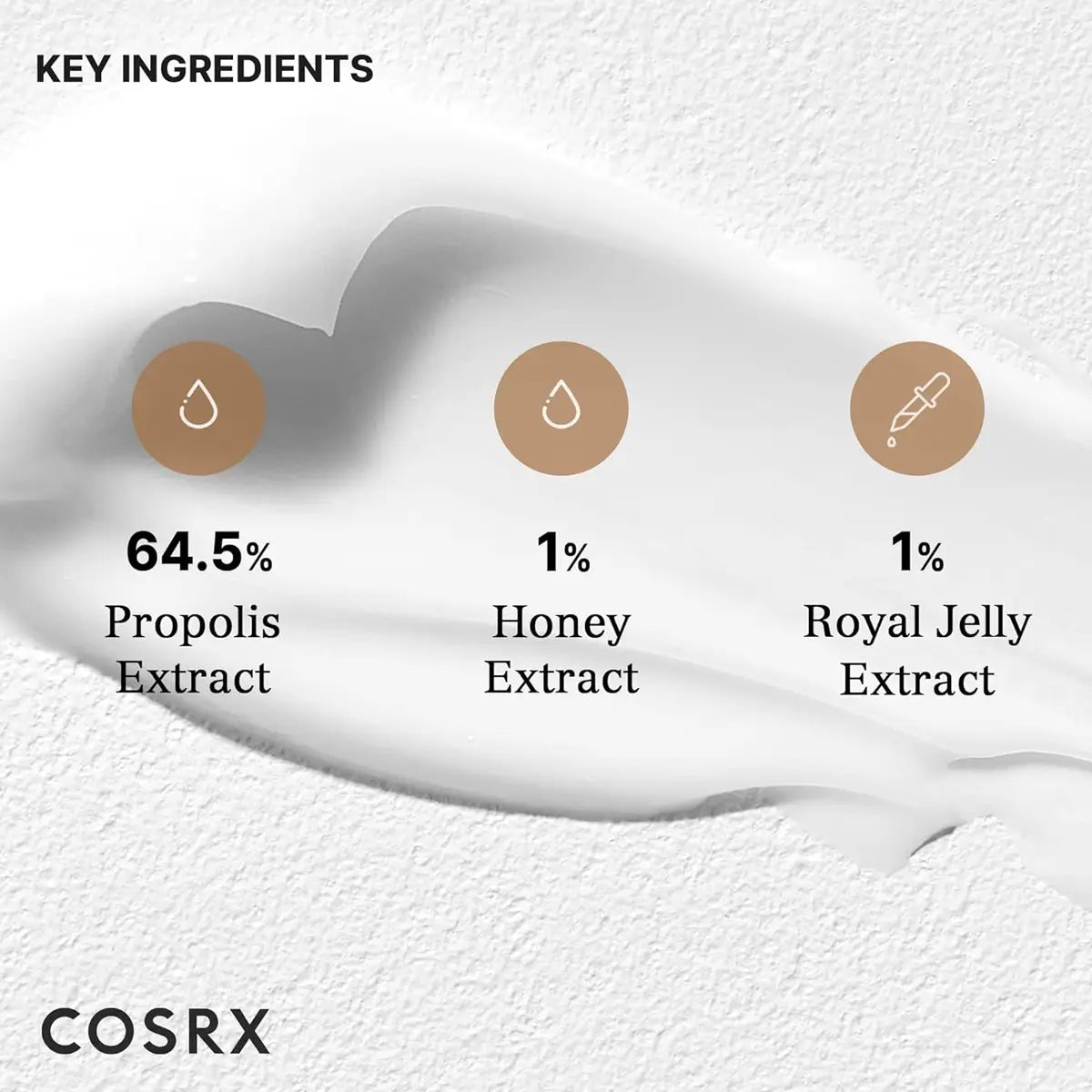 Cosrx product with key ingredients listed on a textured white background