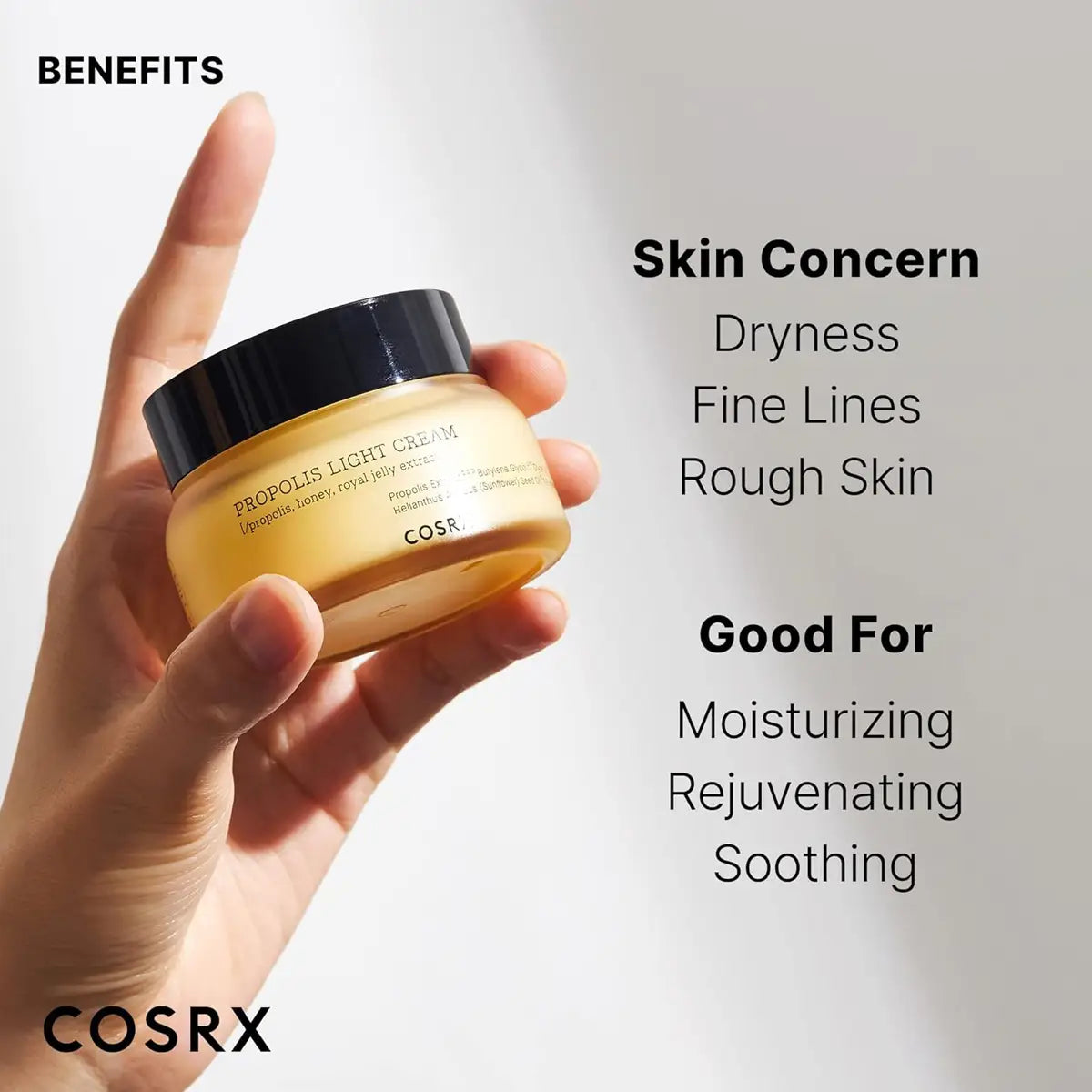 COSRX light cream jar held by a hand with text on skin concerns and benefits.