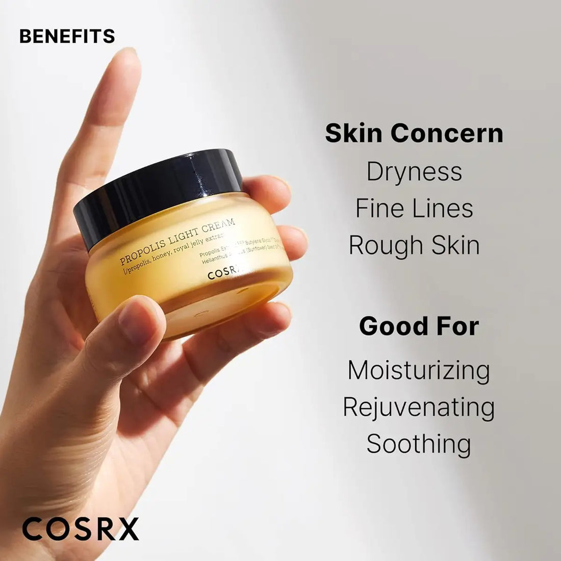 COSRX light cream jar held by a hand with text on skin concerns and benefits.